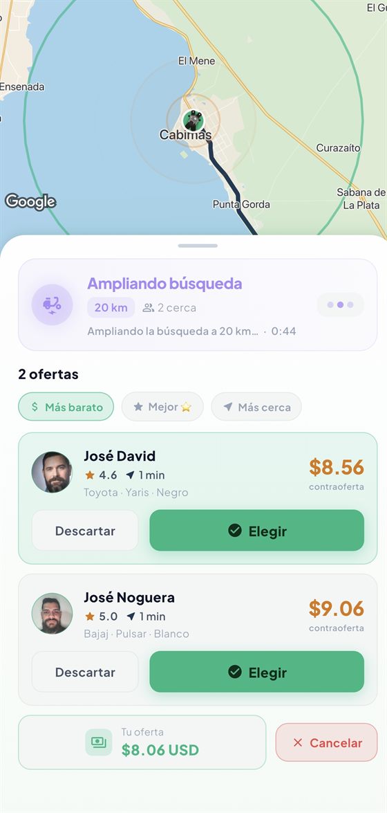Ofertas de conductores para un viaje en la app VeGo
