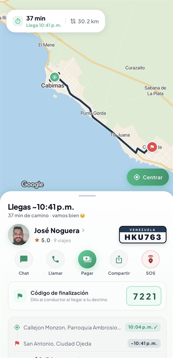 Viaje en curso con seguimiento en vivo en la app VeGo